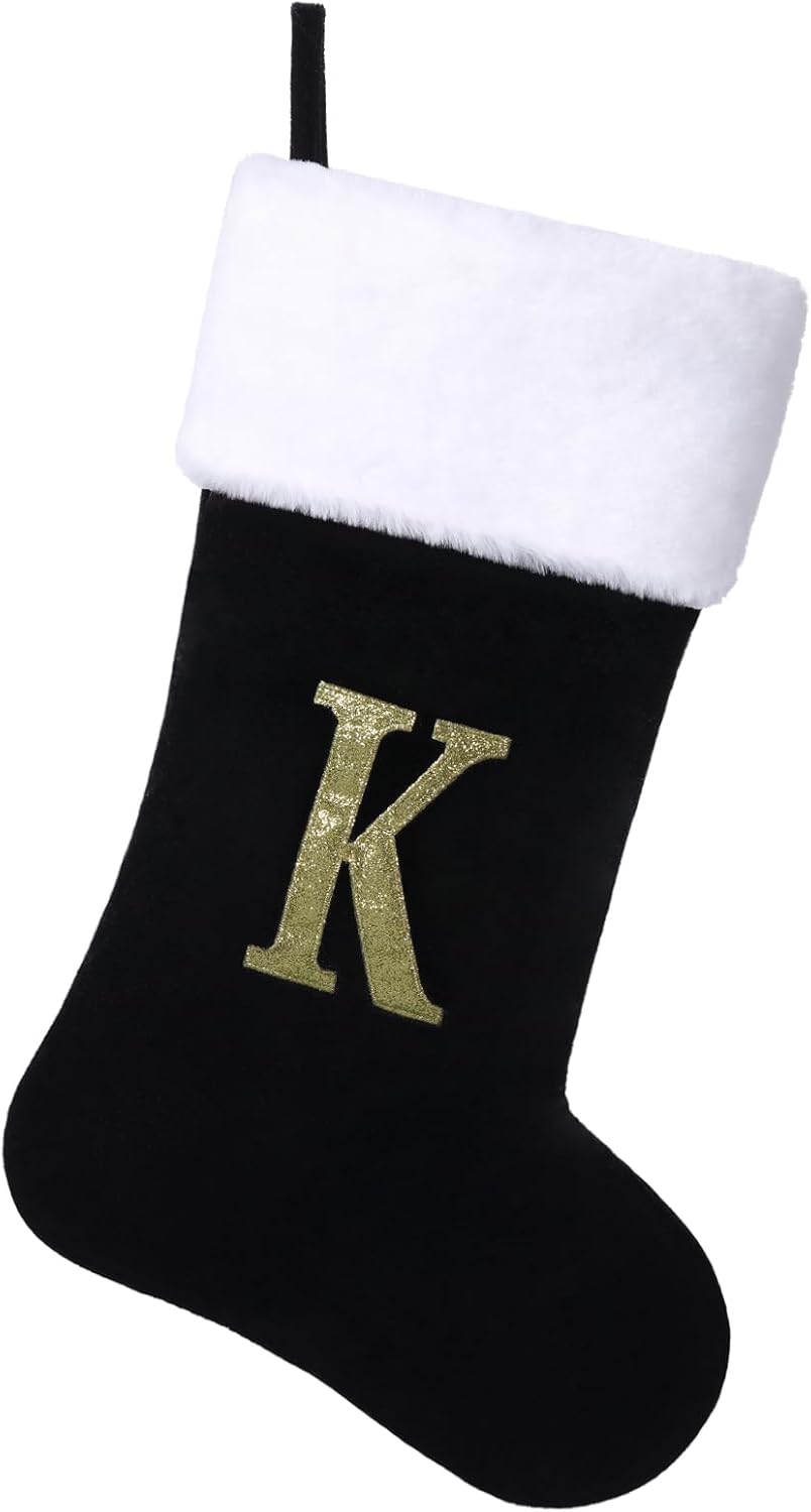 Stockings & Holders - Yehnois 20 Inches Initial Monogram Christmas Stocking Personalized,Deluxe Black Velvet Body with Super Soft Plush Cuff Embroidered Letter,Holiday Season Decor（K）