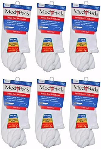 6 Pair Medipeds Socks Men's and Women's Full Cushion Roll Top Low Cut Large White