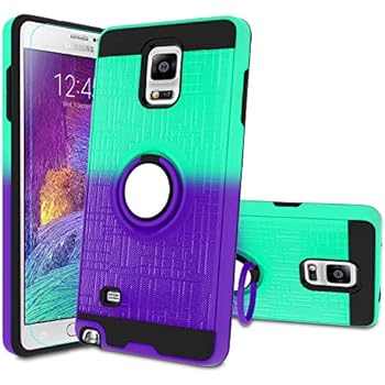 Atump Galaxy Note 4 Case, Note 4 Phone Case with HD Screen Protector, 360 Degree Rotating Ring Holder Kickstand Bracket Cover Phone Case for Samsung Galaxy Note 4 Mint/Purple