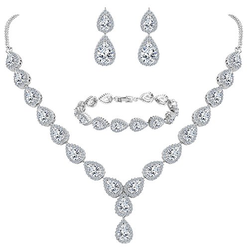 BriLove Women's Wedding Bridal Jewelry Set Y-Necklace Tennis Bracelet Dangle Earrings Set with Teardrop CZ Infinity Figure 8 Clear Silver-Tone April Birthstone - Thumbnail 6