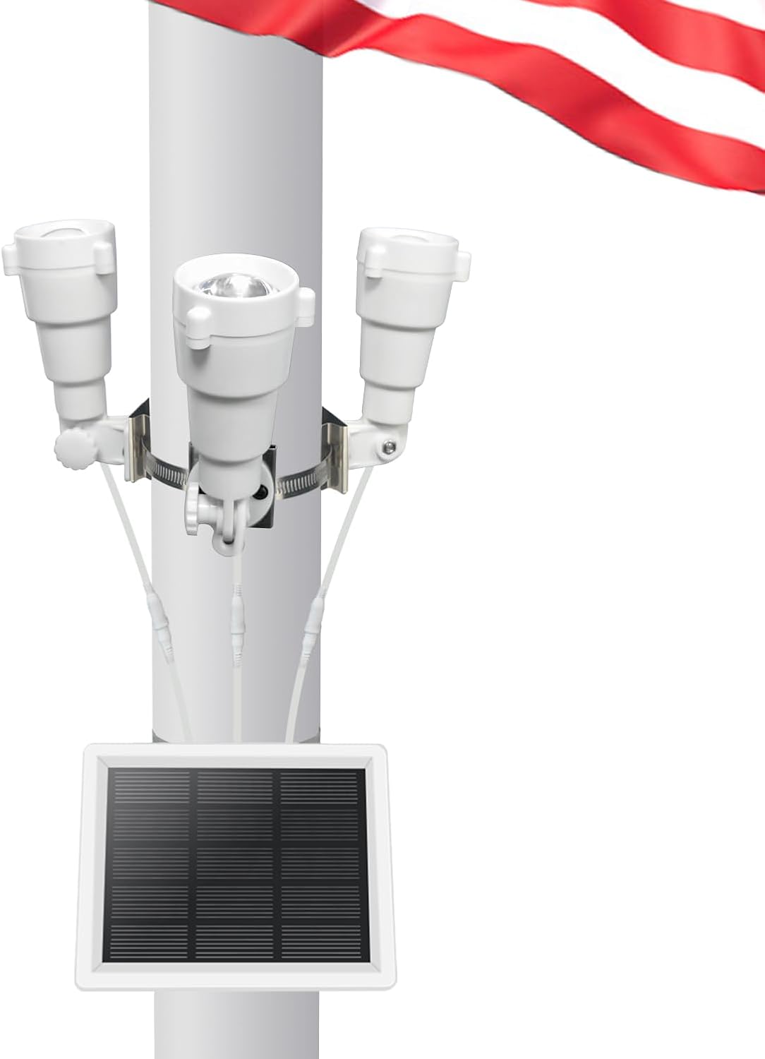Flagpole Hardware - Etzeaxus Solar Flag Pole Light, Flagpole Light Solar Powered, 3 Super Bright PC Crystal LED Spotlights, Adjustable Bracket & Metal Clamp Fits 2-3.5'' Flagpole, 8-12 Hrs, 360 Degrees Illumination