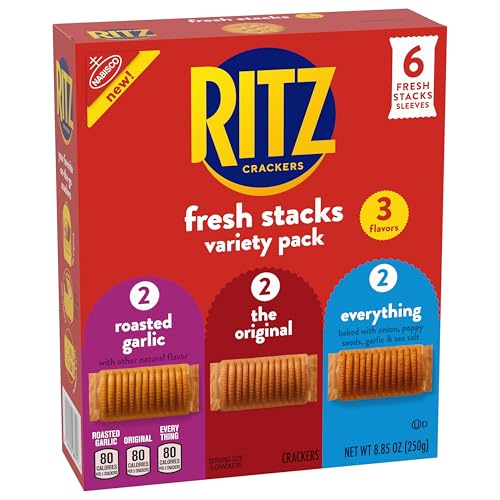 RITZ FRESH STACKS ORIGINAL, EVERYTHING, AND GARLIC BUTTER CRACKERS VARIETY PACK, TRAVEL SNACKS, 8.85 OZ (6 MULTI SNACK PACKS)