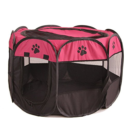 UNFADE MEMORY Portable Foldable Pet Playpen, Indoor/Outdoor, Dog/Cat/Puppy Exercise Pen Kennel, Removable Mesh Shade Cover, Dog pop up Silhouettes pet Pen - Wine,M