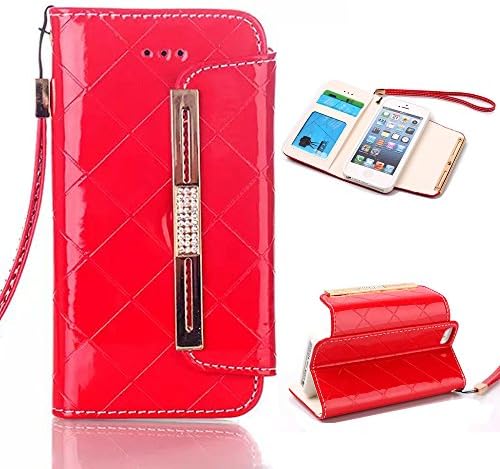 iPhone 5 Case, iPhone SE Case, LongRise® Grid Deluxe PU Leather Wallet Pouch Case for iPhone 5S with Wrist Strap (Red )