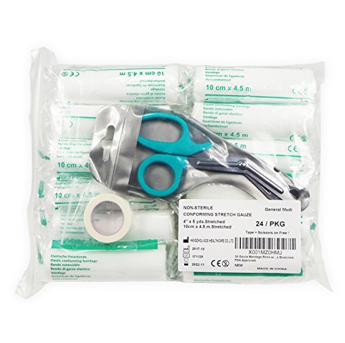 24 Gauze Bandage Rolls with Medical Tape, 4” x 4 Yards Stretched, FDA Approved