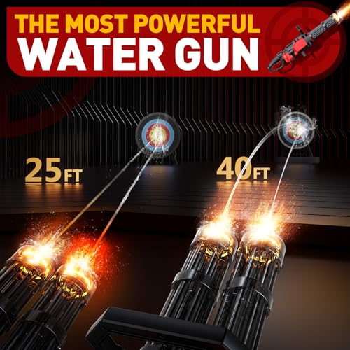Skirfy Gatling Electric Water Gun for Adults & Kids, Dual-Barrel, Up to 49FT Most Powerful Automatic Squirt Gun with LED Water-Sensor, Large Water Tank & Battery,Outdoor Pool Toy