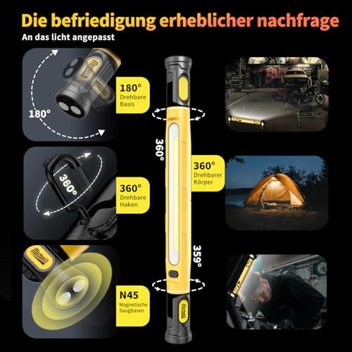 Workshop Lamp 3000LM with 3 Colour Temperatures, Work Light, LED Battery with Magnet and Hook, 5200 mAh USB-C Quick Charge, IP54 Waterproof for Car Repair, Camping, Construction Site, Garage (Yellow)
