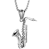 PAMTIER Men's Stainless Steel Saxophone Musical Instruments Pendant Silver Punk Necklace