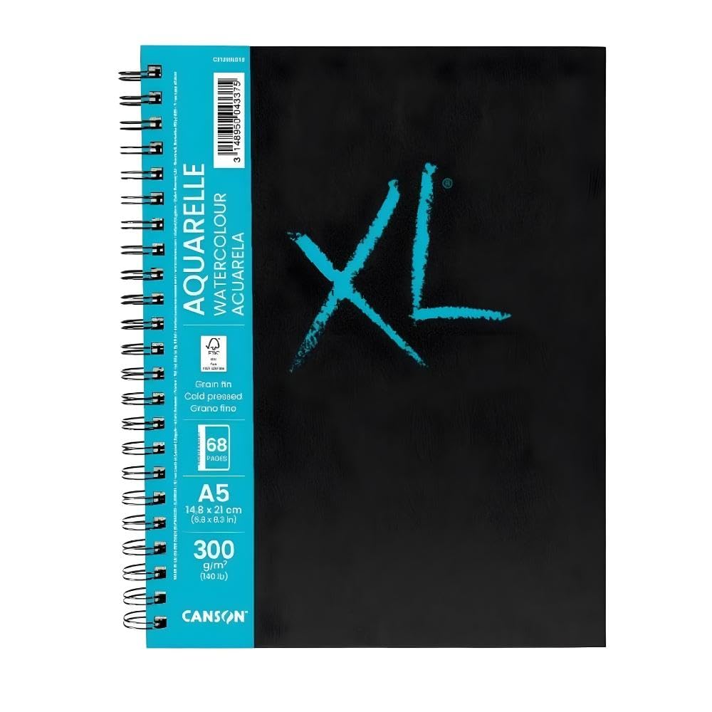 CANSON XL Watercolour 300gsm A5 Cold Pressed Paper, Spiral Pad Long Side, 34 Sheets, For Professional Artists & Students, white