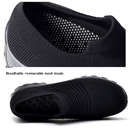 EXEBLUE Women Mesh Walking Shoes Slip on Breathable Fashion Sneakers Comfort Wedge Platform Loafers Black