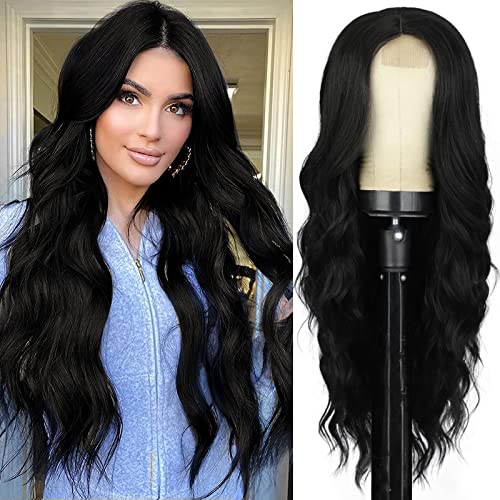 POPTAIYU Long Black Wavy Wigs for Women Lace Front Body Middle Part Hair Heat Resistant Synthetic Natural Looking Wigs for Daily Party Use (Black,26inch)