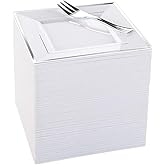 WDF Silver Plastic Dessert Plates with Plastic Forks - 6” 100 Square Disposable Appetizer Plates Small Plates Cake Plates with Silver Rim &100 Small Appetizer Forks for Party Wedding Valentine's Day