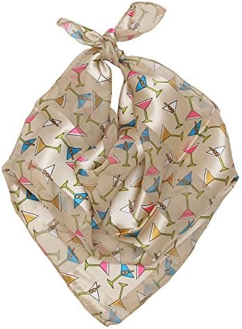 Women's Satin Striped Lightweight Spring/Summer/Fall Square Martini Glass Printed Scarf (Beige/Blue/Multicolored)