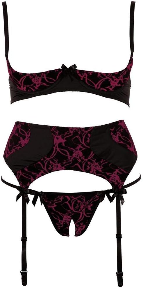 Cottelli Collection X-Large Black Abierta Fina Flock Print Suspender Set, XL