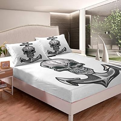 Feelyou Nautical Decor Bed Sheet Set Skull Anchor Printed Bed Sheets for Kids Boys Adults Ocean Wave Surfing Bedding Set… 51sGgmu5BaL