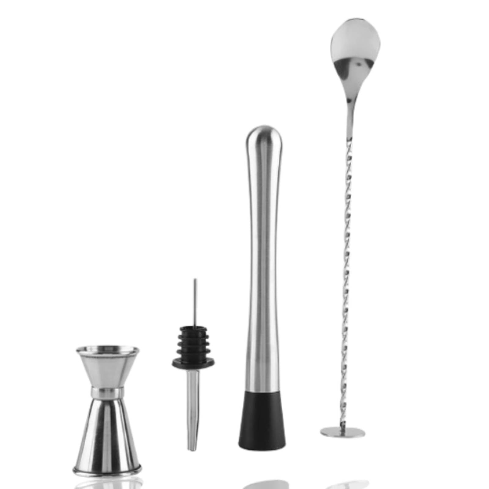HERCHR Stainless Steel Cocktail Muddler, Mixing Spoon, Jigger, Spirit Pourers Set - 4 Piece Bar Tool Essentials for Bartender