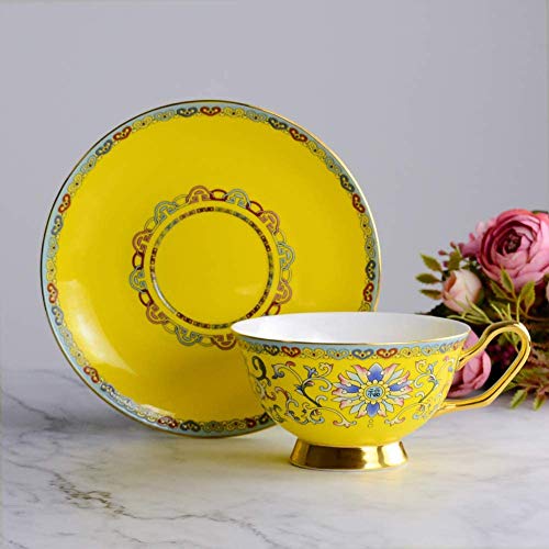 Tea Coffee Cup and Saucers Set Fine Bone Porcelain 6.8oz Hand-made Yellow Glaze Embossed Tea Cup with Matching Saucer
