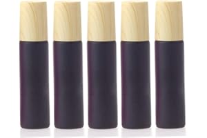 Furnido Essential Oil Roller Bottles,5 Pack 10ml Colorful Frosted Glass Roller Bottles with Stainless Steel Roller Balls,Wood Grain Lid Perfume Roll on Bottles Lip Balms Container (Black frosted)