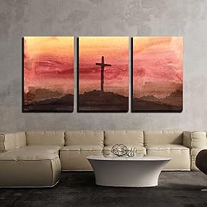 3 Piece Canvas Wall Art - Watercolor Vector Illustration. Hand Drawn Easter Scene with Cross. - Modern Home Art Stretched and Framed Ready to Hang - 16"x24"x3 Panels