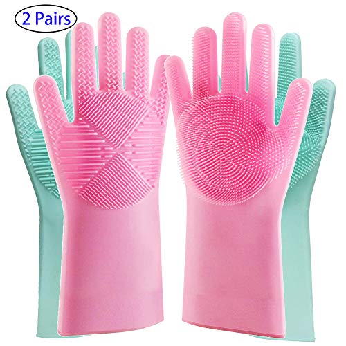 Dish Washing Gloves, 2 Pairs of Magic Silicone Dishwashing Gloves, Rubber Cleaning Gloves with Scrubber, Qhand Dish Gloves for Plate Fruit Kitchen Bathroom Car Home Clean and Pet Care, Universal Size