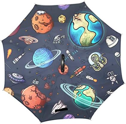 XZY Home Planet Rocket Umbrella Windproof Satellite Moon Earth Cartoon Reverse Umbrella, Umbrellas for Women with UV Protection C-Shaped Handle 5010183
