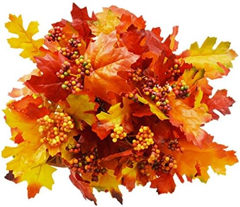 Bundle of 3 Artificial Maple and Oak Bushes with Berries 6 Stem 14 Inch Fall Leaf Decor