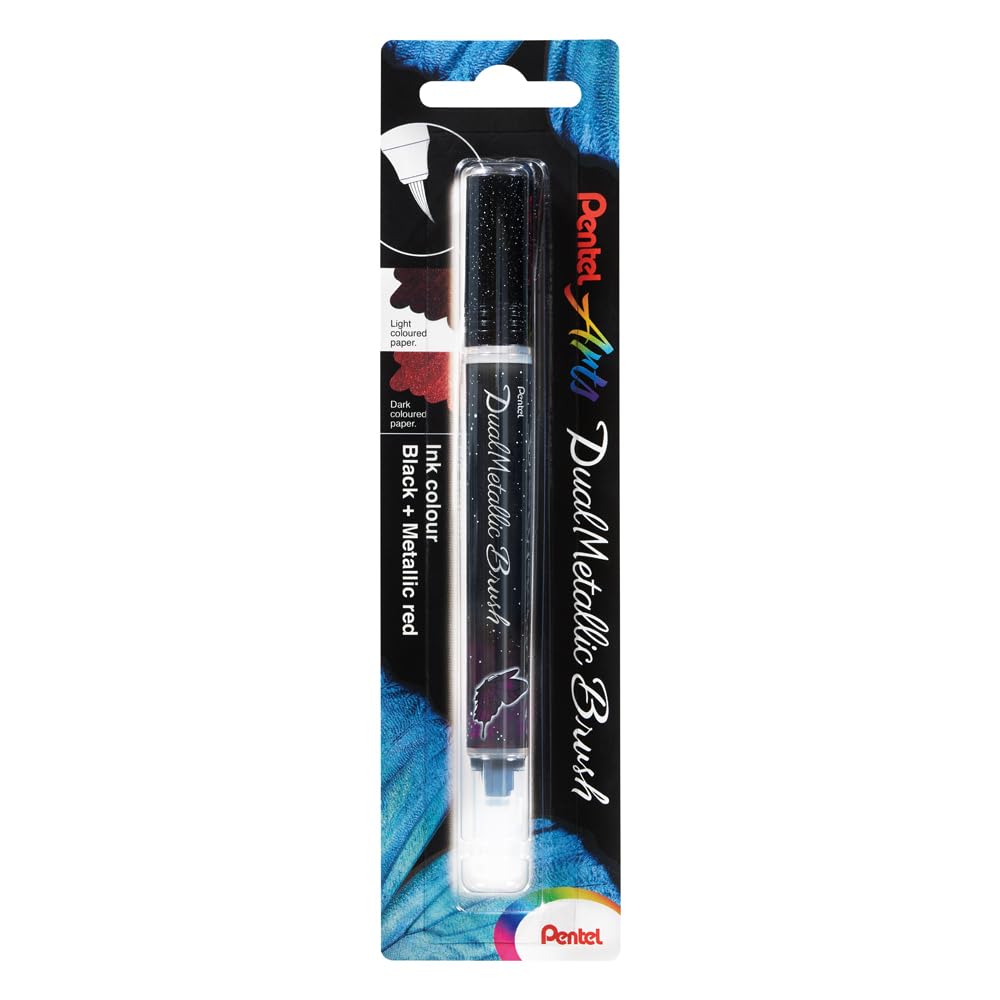 Pentel XGFH-DAX Dual Metallic Brush Pen Filled With Depending on Paper Colour, Iridescent Glitter Ink, Nylon Fibres, Fine to Wide Strok, Black/Metallic Red, 1 Piece on Blister Pack