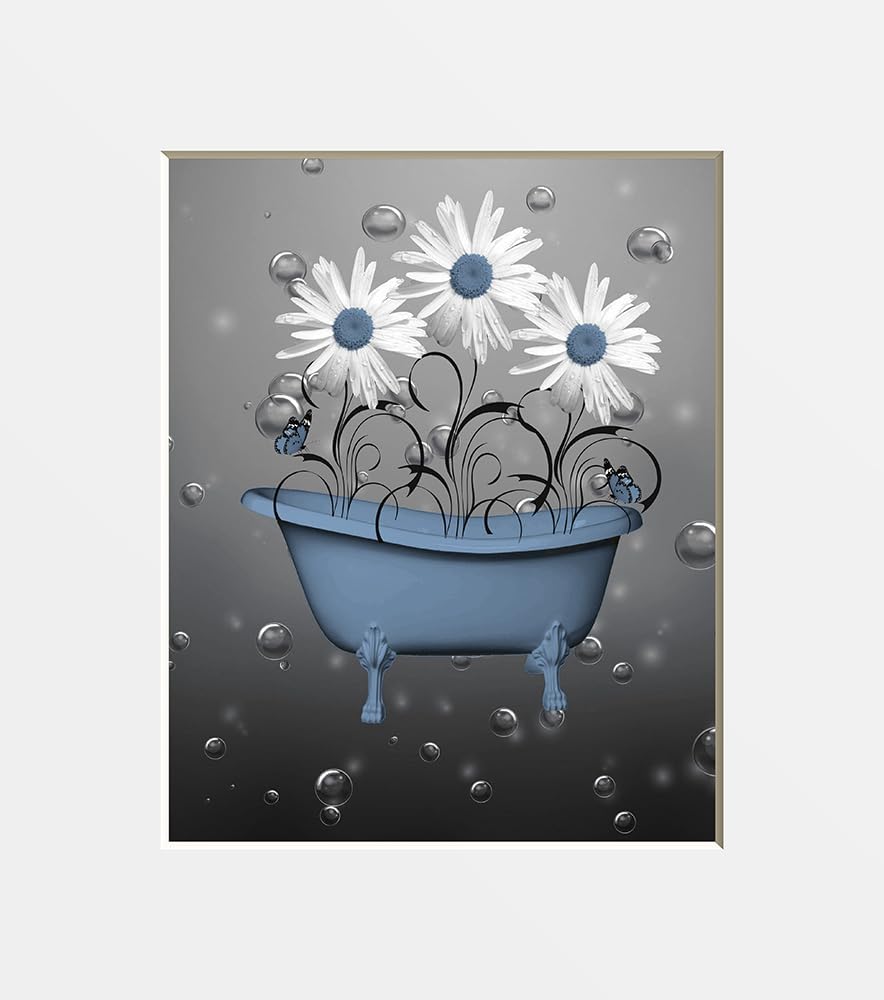 Photographs - Bathroom Wall Decor, Blue Wall Pictures, Daisy Flower Bubbles Matted Wall Art Picture