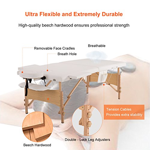 Portable Massage Table Spa Bed,76" Professional Height Adjustable 2 Folding Salon Bed with Carry Bag(White)