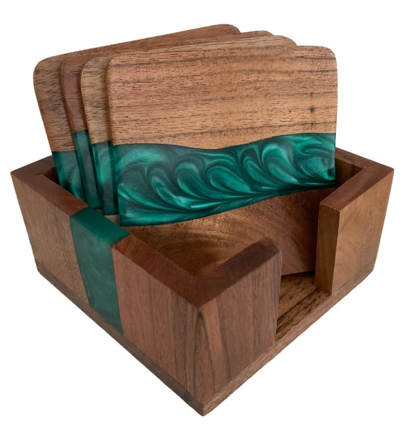 Photo 1 of Vinola Rustic Wood Coasters Set of 4, Epoxy Resin, 4x4 Inches, With Holder