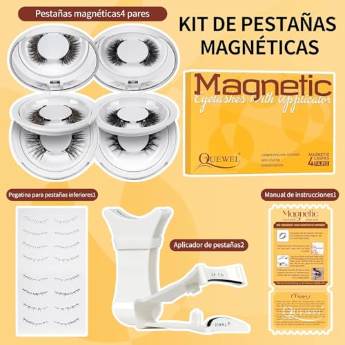 Pestañas magnéticas QUEWEL, 4 pares, reutilizables, con aplicador, sin pegamento, aspecto natural, fáciles de usar y quitar (MX-4-Pairs-CXJM-A01)