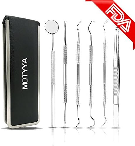 MOTYYA Dental Tools, Professional Teeth Hygienist Kit Stainless Steel Dental Pick Cleaning Set to Remove Plaque Tartar,Tongue Scraper,Tooth Scaler,Mouth Mirror for Oral Care Home Use (6 Tools)