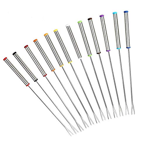 Xigeapg Stainless Steel Fondue Fork Fruit Chocolate Fountain Cheese Forks with Heat Resistant Handle Set of 12 (Random Color)