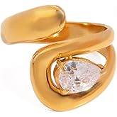 HNMZZPL Trendy Open Twist Ring for Women, 14K Gold Plated Stainless Steel Cubic Zirconia Adjustable Ring