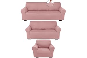 Peryiter 3 Pcs Slipcover Set for Couch Furniture Covers for Sofa Loveseat Couch Arm Chair, Form Fit Stretch, Wrinkle Free, Furniture Protector(Light Pink,Milk Silk Spandex)