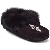 Manitobah Tipi Moccasin - Womens Indoor Slipper, Fleece-Lined, Suede Leather, Rabbit Fur Trim