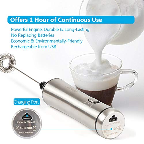 JSVER Milk Frother Rechargeable Electric Foam Maker for Coffee, Latte, Cappuccino, Hot Chocolate 2-Speed Handheld Electric Milk Frother Portable Automatic Foam Maker Sleek Drink Mixer