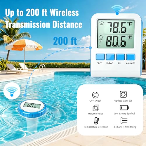 Pool Thermometer Floating Easy Read, Waterproof Wireless Digital Pool Thermometer with Large Screens, IPX8 Waterproof High Precision Temperature Gauge for Swimming Pool, Hot Tub, Spa, Pond, Fish Tank