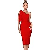Mesh One Shoulder Bow Bodycon Midi Graduation Birthday Dinner Dress Bandage Party Dress