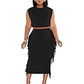 LYANER Women's 2 Piece Outfits Crewneck Fringe Sleeveless Crop Top and Tassel Trim Bodycon Midi Skirt Set