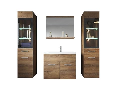 Badezimmer Badmöbel Set Rio XL LED 60 cm Waschbecken Lefkas (Braun) - Unterschrank 2X Hochschrank Waschtisch Möbel