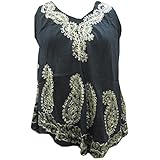Mogul Interior Women's Tank Top Black Batik Embroidered Sleeveless Flared Blouse Onesize