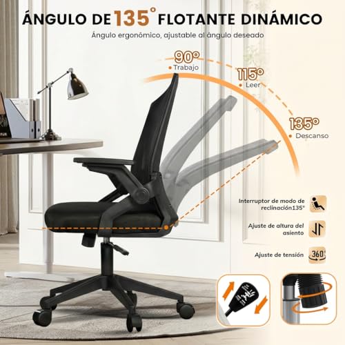 VIDITA Silla Escritorio con Respaldo de Malla Transpirable Color Negro | Silla de Oficina ergonómica-Cojín relleno de látex Ajustable Reposabrazos Sillas Ergonómicas para Escritorio Home Office