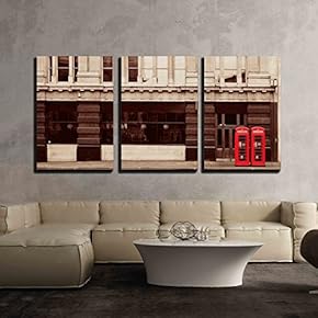 3 Piece Canvas Wall Art - Red Telephone Booth in Street with Historical Architecture in London. - Modern Home Art Stretched and Framed Ready to Hang - 16"x24"x3 Panels