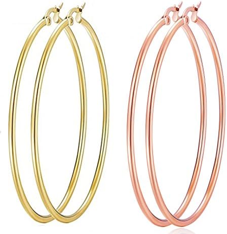 Big Hoop Earrings, 2 Pairs Stainless Steel Hoop Earrings,Hypoallergenic, Top Click Closure Hoop Earrings for Women Girls(70mm)