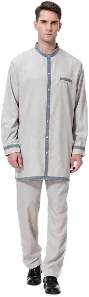 Fosheng Men Muslim Robe Arabic Thobe Dubai Gown Abaya Long Sleeve Clothes Pants
