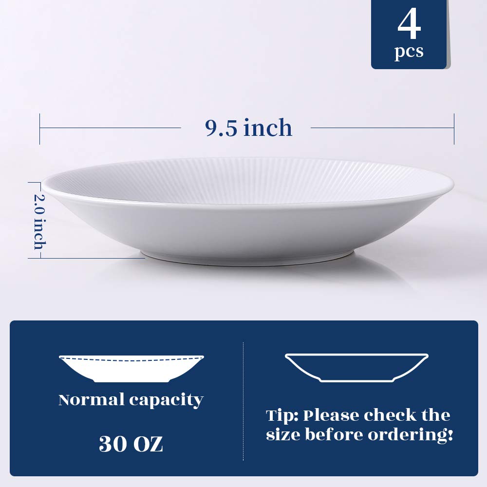 Y YHY 30 Ounces Porcelain Pasta Salad Bowls, 9.6 Inches White Serving Bowls Set, Wide and Shallow, Set of 4, Stripe Pattern