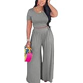 HBQ Two Piece Outfits For Women Casual Sweat Suits Backless Short Sleeve Crop Tops Wide Leg Pants Lounge Sets Tracksuit