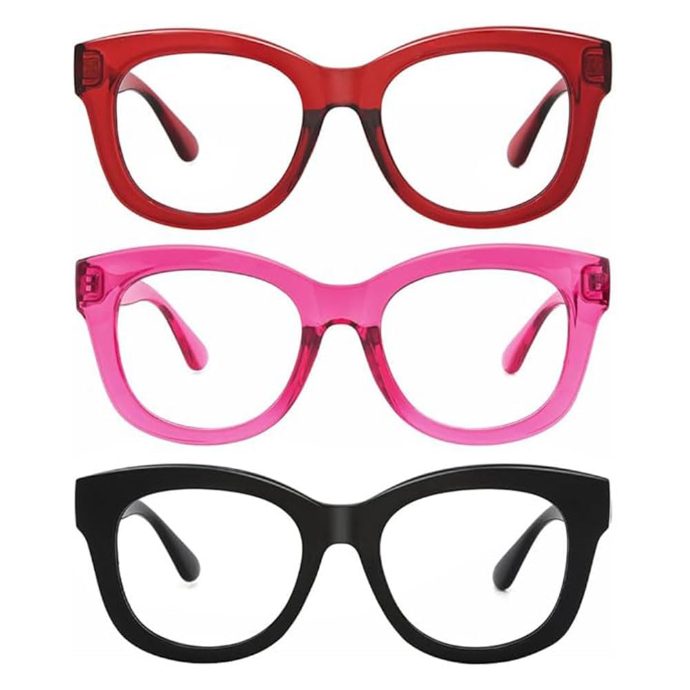 JiSoo 3 Pack Reading Glasses 1.0 Women/Men Designer Oversized Readers, Thick Large Round Ladies Reading Glasses 1.0, Red+Pink+Black — image 1