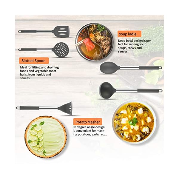 Uarter Kitchen Utensil Set 24pcs Silicone Cooking Utensils for Cooking and Baking, Heat Resistant and Nonstick Spoon, Turners, Tongs, Whisk, Potato Masher, 10pcs Hooks Kitchen Tool Gadgets (Gray)